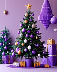 purple theme Christmas tree decorating holiday invitation plain modern flat illustration background with copy space backdrop
