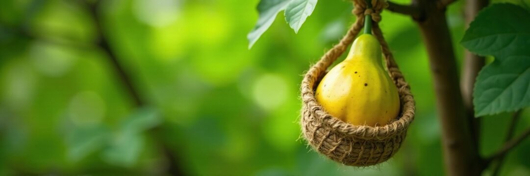 Pointed gourd in jute sack hanging from a tree branch, cucurbit, potol