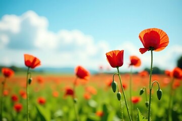 Tall red poppy stalks swaying gently in the breeze, sunny landscape, bright colors, green grass