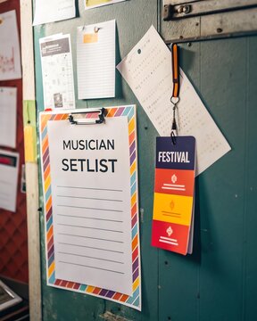 Colorful festival setlist and pass on wall, creating excitement and anticipation for music lovers.