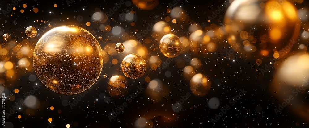 Poster golden spheres and bokeh lights float in dark space.