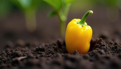 Fresh yellow pepper sprout emerging from a soil crack, growth, produce, plant