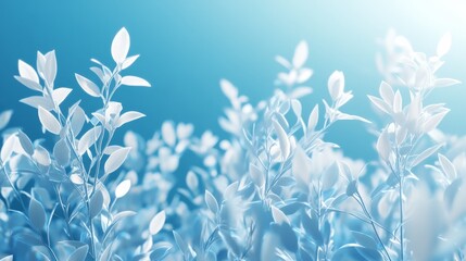 botanical, low-angle, blue solid background, cool-toned plants with glowing edges, serene and fresh feeling.