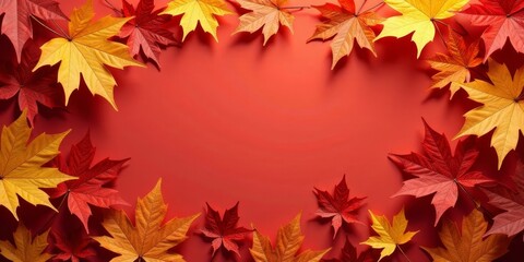 Vibrant Autumn Leaves Frame a Solid Red Background, Perfect for Seasonal Designs and Fall-Themed Projects