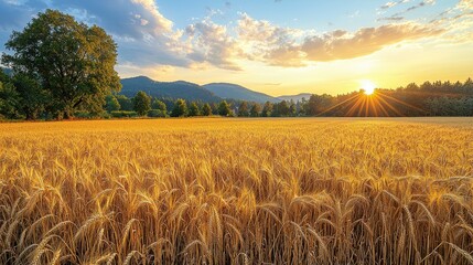 Golden Wheat Field Sunset Mountains
