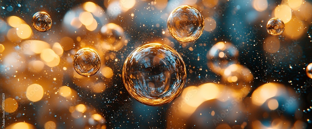 Aufkleber golden bubbles floating in dark liquid with bokeh lights.