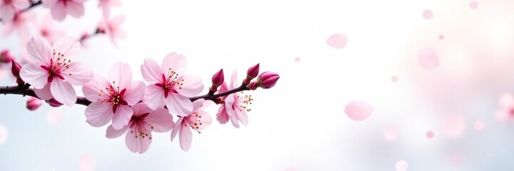 Fototapeta premium A delicate cherry blossom branch against the snowy white backdrop, petals, bloom, isolated