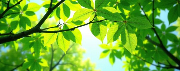 Leafy branches stretched upwards with delicate veins, branches, isolated, trees