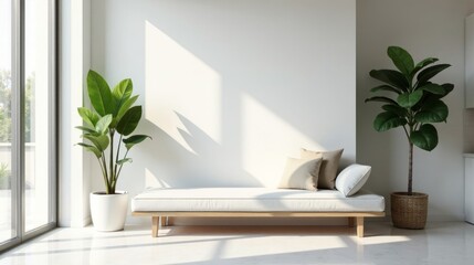 Serene Minimalist Interior Design Featuring a Daybed with Neutral Cushions, Flanked by Lush Potted Plants in a Sunlit Room