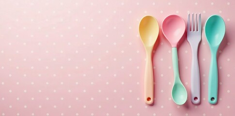 Sweet pastel color kitchen utensils on polka dot background, polka dot, background