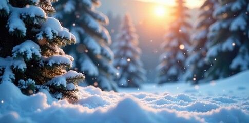 Sparkling snowflakes fall gently on a serene winter landscape, snow, Christmas