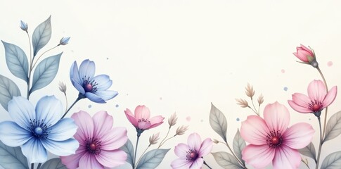 Serene Pastel Blossoms An Elegant Floral Design Featuring Delicate Pink and Blue Flowers with Soft Grey-Green Foliage Arranged in a Romantic Composition on a Light Cream Background