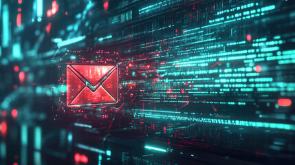 Futuristic digital communication concept featuring a glowing email icon amidst flowing data streams
