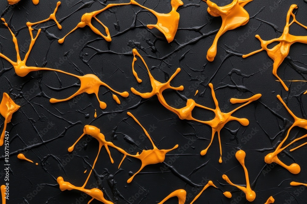 Poster a vibrant abstract pattern of orange paint splatters on a textured black surface, creating a strikin