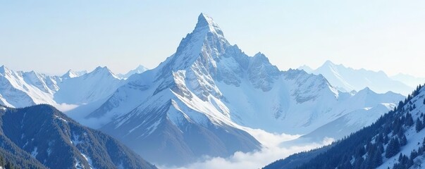 White misty veil descends on the mountain peak, winter, frost