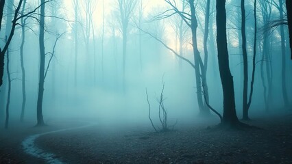 Blue-hued mist rising from a forest floor at dawn, nature, misty, gentle