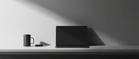Minimalist Workspace with Laptop, Coffee Cup, and Phone on Clean White Desk Surrounded by Natural Light and Soft Shadows for Modern Aesthetic
