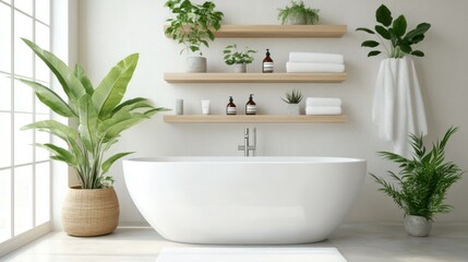 Serene Bathroom Oasis: A minimalist bathroom interior with a modern, freestanding bathtub and lush potted plants, creating a spa-like atmosphere, fostering peace and tranquility.