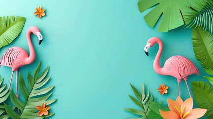 Naklejka premium A cheerful tropical illustration with flamingos and palms.