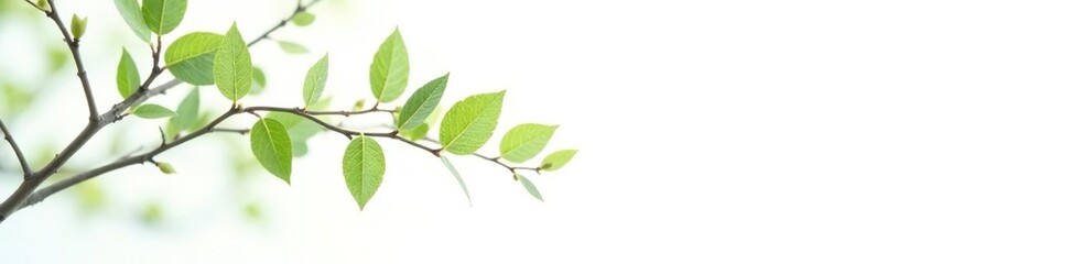 A delicate branch with small leaves rests against a stark white background, tree, leaves