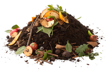 Close up of compost pile with leaves and organic matter, showcasing rich soil on white background