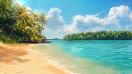 A serene and sunny tropical lagoon with turquoise waters and golden sand, offering a dreamy escape for a summer vacation banner.