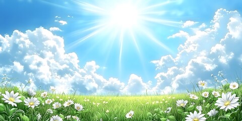 Obraz premium Daisy field under bright sunlight and blue sky with clouds