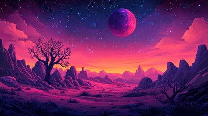 Alien desert landscape at sunset with large pink moon and starry sky.