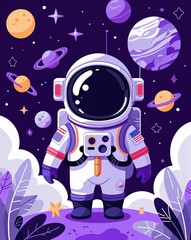 purple theme Space exploration theme kids party invitation plain modern flat illustration background with copy space backdrop
