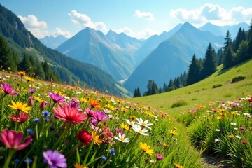 Vibrant alpine meadow with blooming mountain wildflowers in summer sunshine, beauty, sunshine