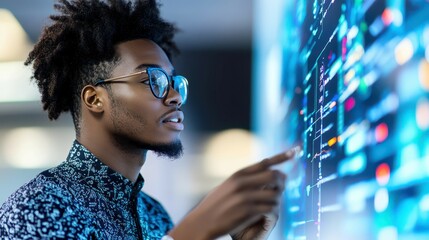 Visionary in Data: A focused, African American professional studies complex data displayed on a large screen, analyzing trends and patterns.