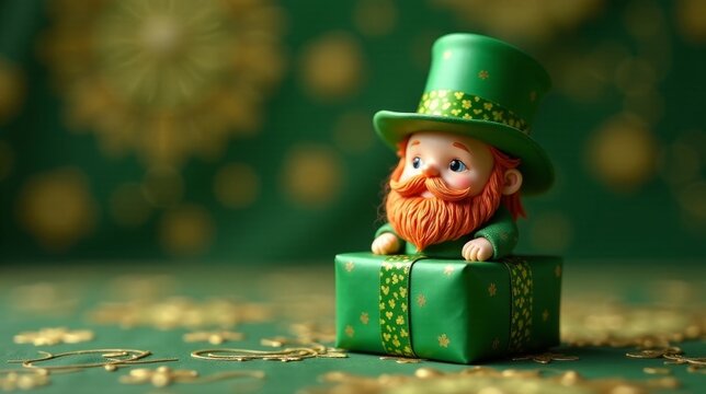 A whimsical leprechaun figurine sits atop a festive green gift box, surrounded by shimmering gold confetti, creating a charming scene perfect for celebratory occasions.