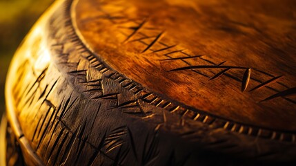Close-up of Intricately Carved Wooden Surface with Warm, Golden Light