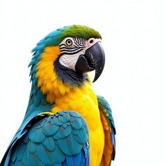 Vibrant blue and yellow macaw with bright feathers on white background, vibrant, macaw