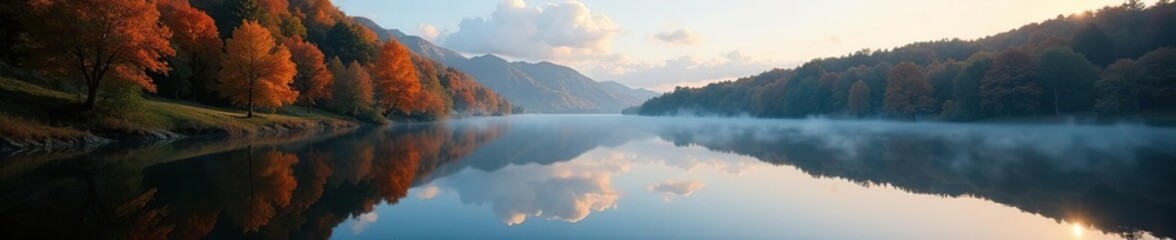 Fototapeta premium Trees reflected in lake surface, serene atmosphere, stillness, lake