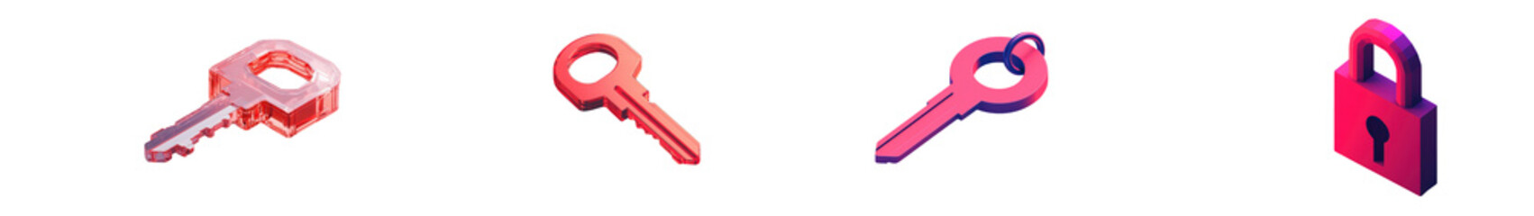 Assorted 3D geometric locking devices such as keys padlocks and locks representing the concepts of safety security access control and protection  Digital or graphic visualization