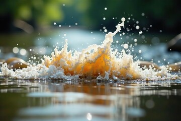 Dirty river water splashing into the calm surface of a river, conservation, nature, environment