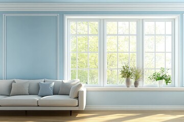 Fototapeta premium Modern living room with light blue wall and white sofa, featuring copy space for mock-up template design.