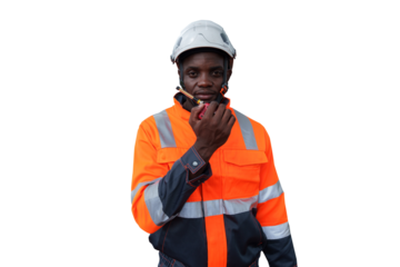 Black engineer maintains industrial plant on transparent background,( PNG )Photo