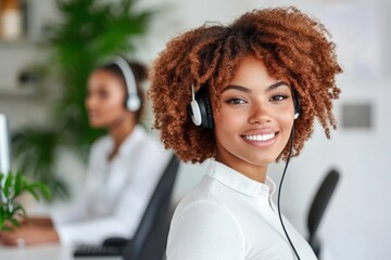 Smiling customer service representative wearing headset in busy office