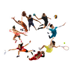 Collage. Young athletes from multiple sports soar in circular formation, displaying dynamic plays against white background. Concept of sport, competition, action, motion, unity.