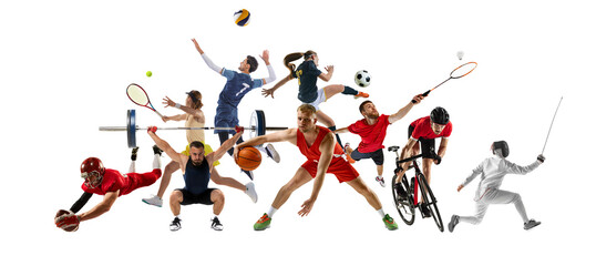 Sport collage. Active athletes from different sports stride in sequence, capturing powerful movements against white background. Concept of sport, competition, action, motion, teamwork.