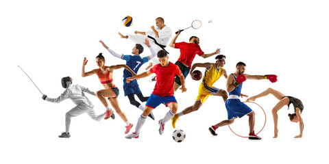 Collage. Diverse athletes from various sports perform dynamic actions in aligned sequence against...