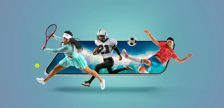 Composite image of vibrant athletes burst from digital display, engaging in dynamic sports games against gradient blue background. Concept of sports betting, competition, action, motion, technology.