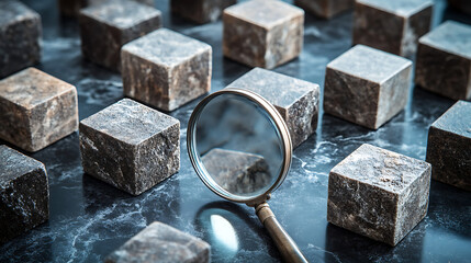 textured cubes and magnifier on grey surface showing scientific research inspection and exploration concept for curiosity driven object focused learning