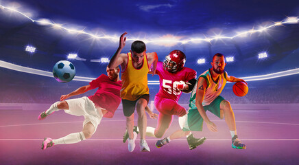 Composite image. Active athletes from various sports engage in thrilling games on illuminated by purple light lush court. Concept of sport, competition, action, motion, excitement.