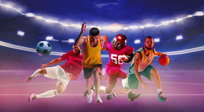 Composite image. Active athletes from various sports engage in thrilling games on illuminated by purple light lush court. Concept of sport, competition, action, motion, excitement.