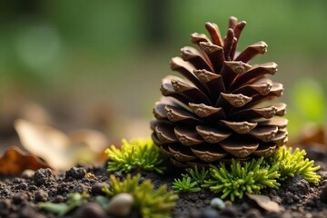 Pine cone covered in lichen and moss growing from the soil, soil, leaf litter