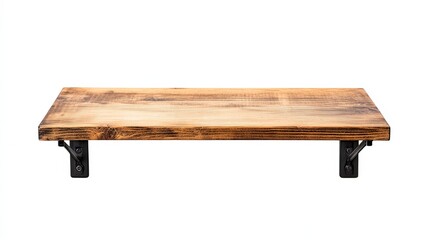 Rustic Weathered Wooden Shelf with Black Metal Brackets on White