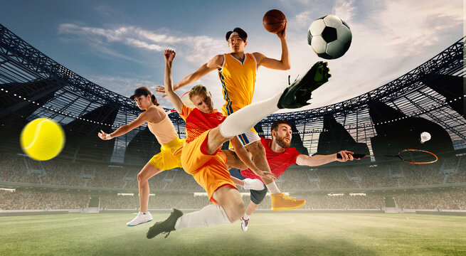 Composite image. Energetic athletes from different sports compete under stadium lights on grassy field. Collage. Concept of sport, competition, action, motion, active game, team.